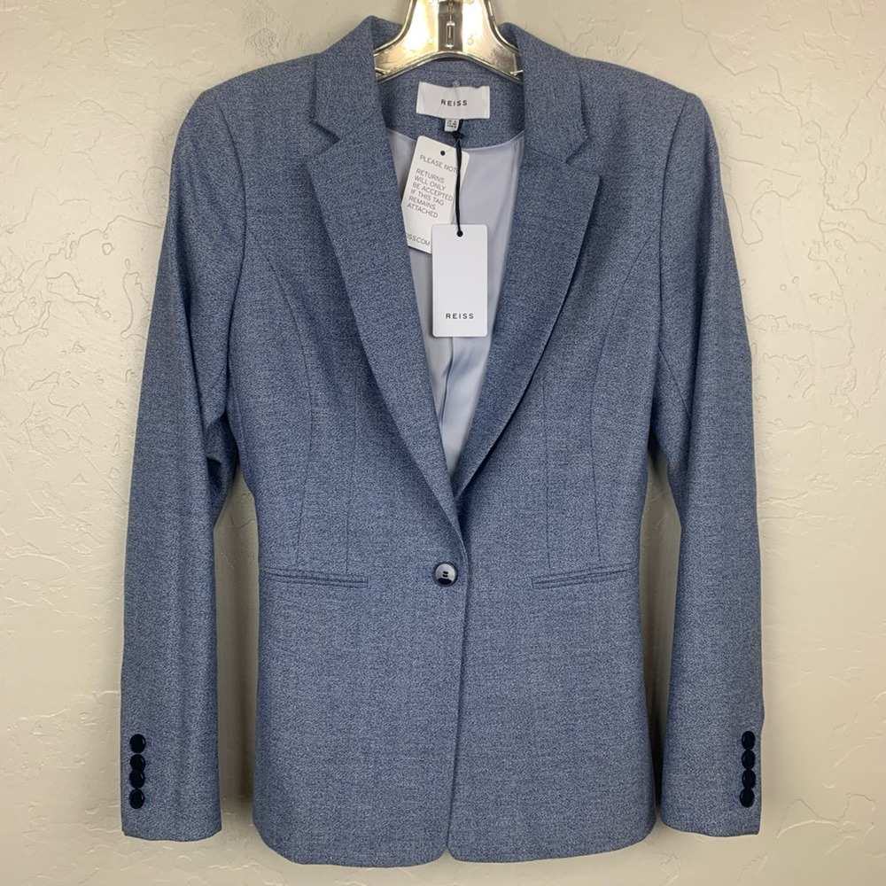 Reiss Blazer Jacket Blue Women's 100% Wool Tweed Tailored Long Sleeve 4